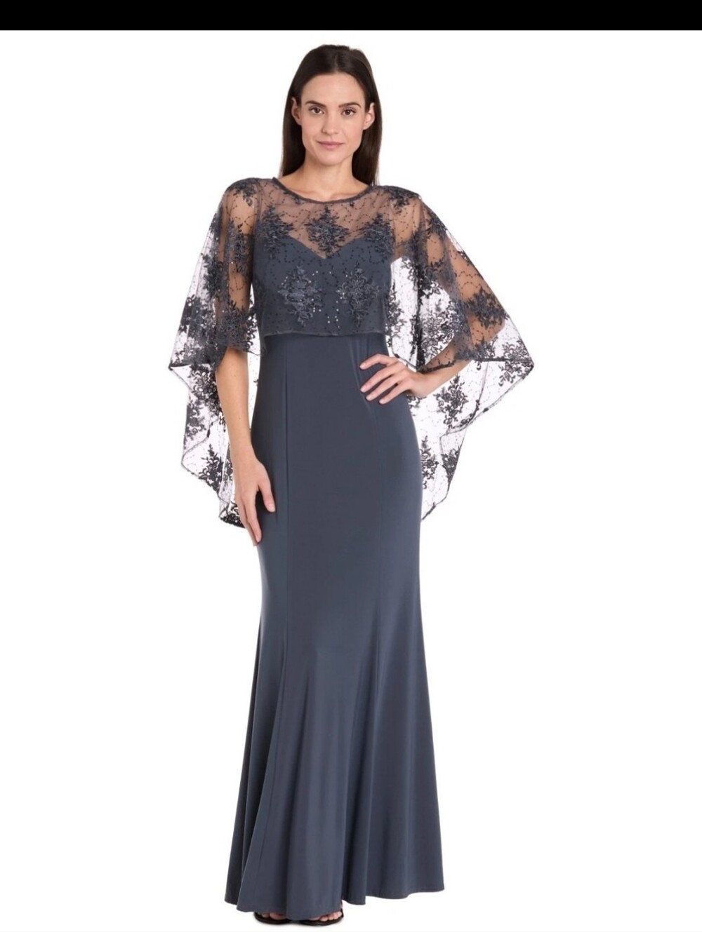 R&M Richards NWT Charcoal Nude Lace Sequin Cape Overlay Formal Maxi Dress 18